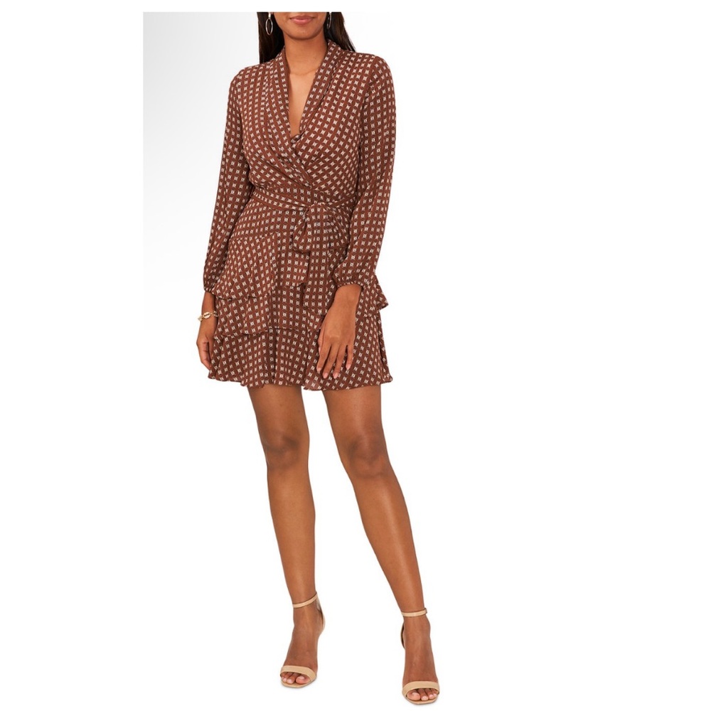CeCe Shawl Collar Long-Sleeve Tiered Dress Large Brown